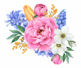 Spring bouquet on a white background. Pink peonies, mimosa, hyacinth, leaves. Watercolor illustration.
