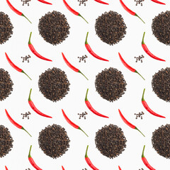 Seamless spice pattern with red chili pepper pods, heaps of black pepper on white background....