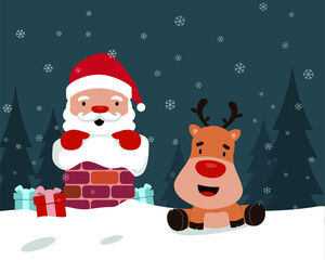 Santa Claus and Christmas Reindeer Bringing Christmas Gift on the Rooftop 