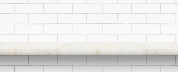perspective of polished  marble tabletop and white brick wall for interior and display show products. studio room