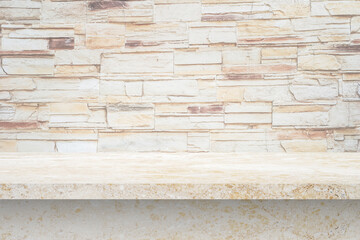 perspective of polished beige marble tabletop and grunge brick wall for interior and display show products. studio room
