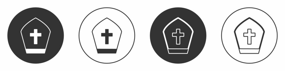Obraz premium Black Pope hat icon isolated on white background. Christian hat sign. Circle button. Vector