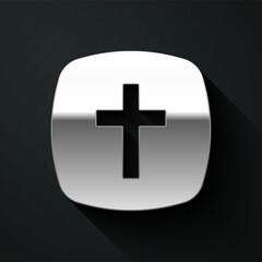 Silver Christian cross icon isolated on black background. Church cross. Long shadow style. Vector