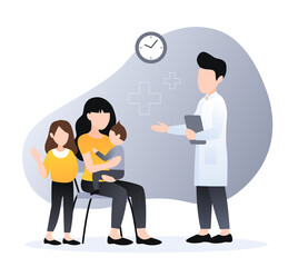 Pediatric clinic. Clinical pediatric checkup, mother holding sick toddler and doctor with stethoscope listening his lungs. healthcare vector landing page