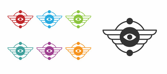 Black Egyptian symbol Winged sun icon isolated on white background. Set icons colorful. Vector