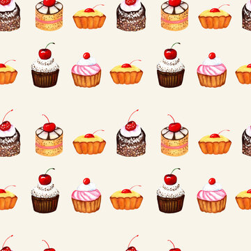 Seamless pattern of cupcakes and pastries, painted with watercolors, on a light background.
