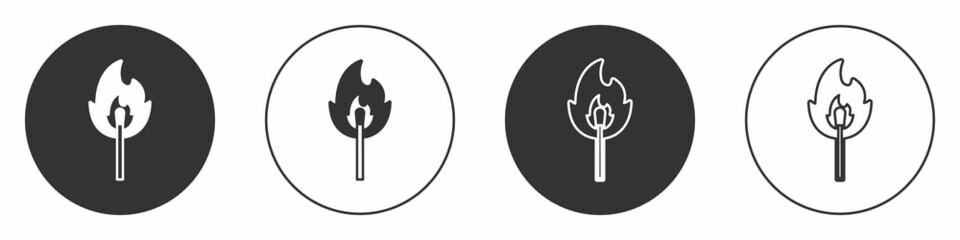 Black Burning match with fire icon isolated on white background. Match with fire. Matches sign. Circle button. Vector