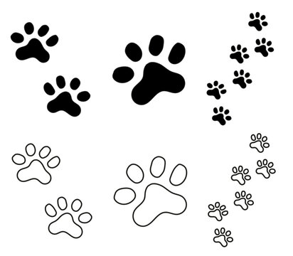 A set of sketches of paw prints (black fill and black outline) without a background