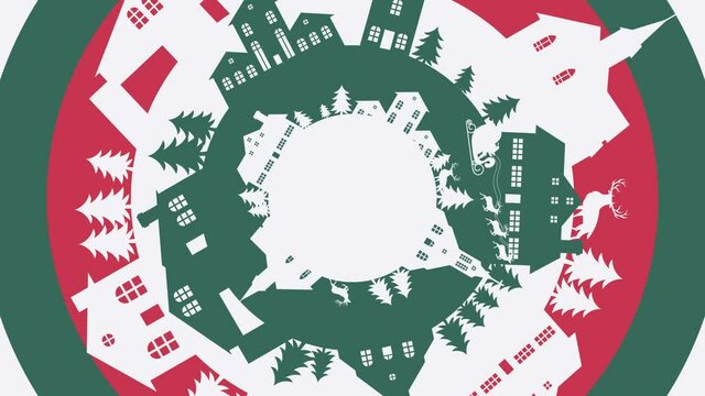 Merry Christmas Rounded Background Vector Illustration with paper art and craft style, silhouette of Santa Claus Reindeer Sleigh, house, church, pine tree. Panoramic round view in 3d papercut style