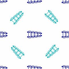 Blue Xylophone - musical instrument with thirteen wooden bars and two percussion mallets icon isolated seamless pattern on white background. Vector