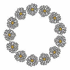 Round frame with awesome chamomile on white background. Vector image.