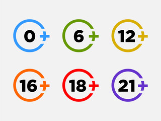 Set marks age limit sing restriction. Vector icons for children censoring content.