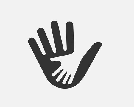 Helping hands symbol. Parent and child sign. Kids help and care icon. Support family vector.