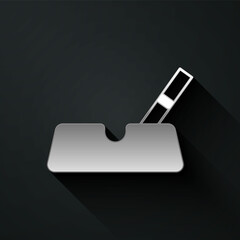 Silver Ashtray with cigarette icon isolated on black background. Long shadow style. Vector