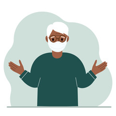 Grandfather in a protective medical face mask. The old man wears protection against viruses, urban air pollution, smog, vapors, and polluting gas emissions.