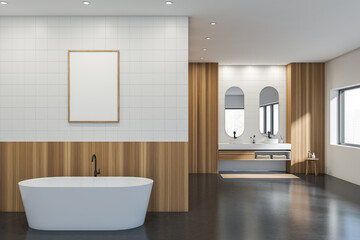 Fototapeta na wymiar Bathroom interior with bathtub, sink and mirror, concrete floor. Mockup poster