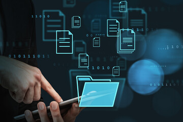 Office man finger touch tablet screen, closeup, documents icons in web