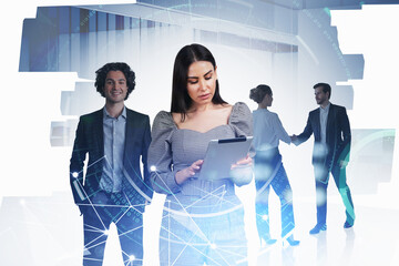 Network in international company, woman with tablet and binary h