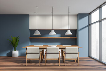 Bright meeting room interior with six armchairs, table, shelves