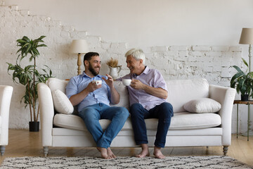 Carefree relaxed sincere happy two male generations family, young son and elderly senior father involved in pleasant conversation, talking sharing life news, drinking hot tea or coffee at home. - Powered by Adobe