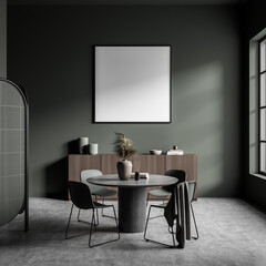 Dark guest room interior with chairs and table, window and mockup poster