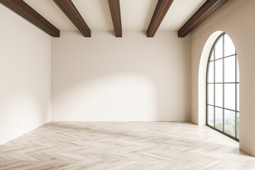 Arch window in beige living room with empty interior