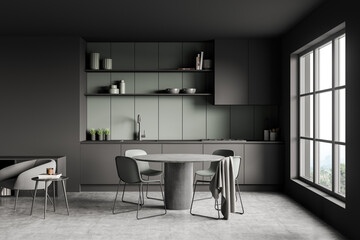 Dark kitchen set interior with dining table and chairs, shelf with kitchenware