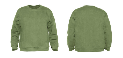 Blank sweatshirt color military green on invisible mannequin template front and back view on white background
