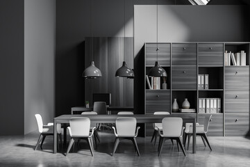 Front view on dark office room interior with two desktops