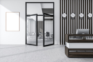 Bright office interior with reception, empty white poster, glass door