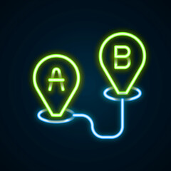 Glowing neon line Route location icon isolated on black background. Map pointer sign. Concept of path or road. GPS navigator. Colorful outline concept. Vector