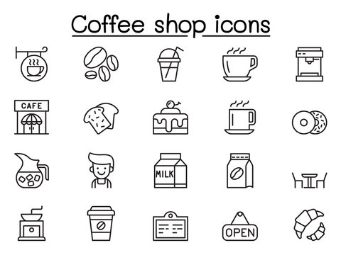 Coffee shop icons set in thin line style
