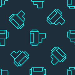 Green line Camera vintage film roll cartridge icon isolated seamless pattern on blue background. 35mm film canister. Filmstrip photographer equipment. Vector