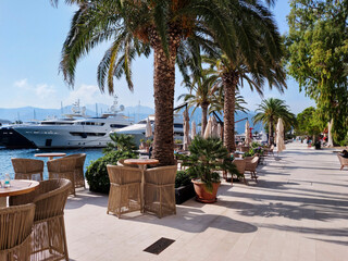 promenade street on seafront of Porto Montenegro, the famous port in the city of Tivat, the capital of Montenegro, Europe