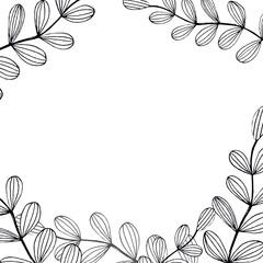 Rectangular frame of leaves and branches of plants. Free space for text, design for weddings, invitations, and cards. Rustic style.