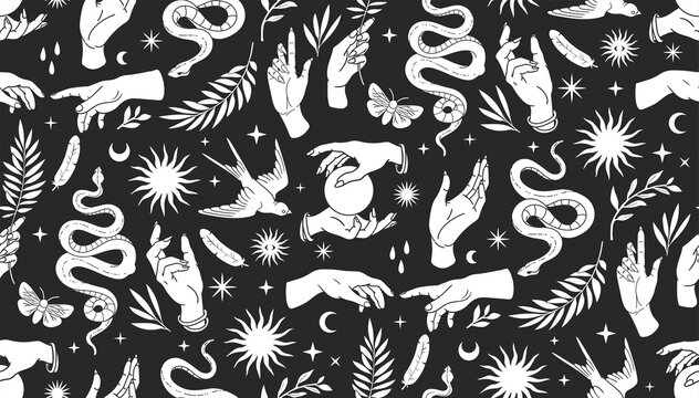 Boho mystical seamless pattern with hands, snakes, moon, sun, bird, moth and floral elements in trendy tattoo style.