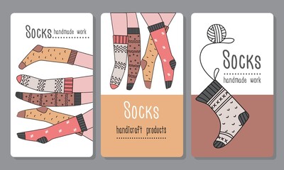 A set of vector illustrations of knitted socks. handmade products.Labels for packaging knitwear. Feet in socks. a tangle of buckles, lettering.