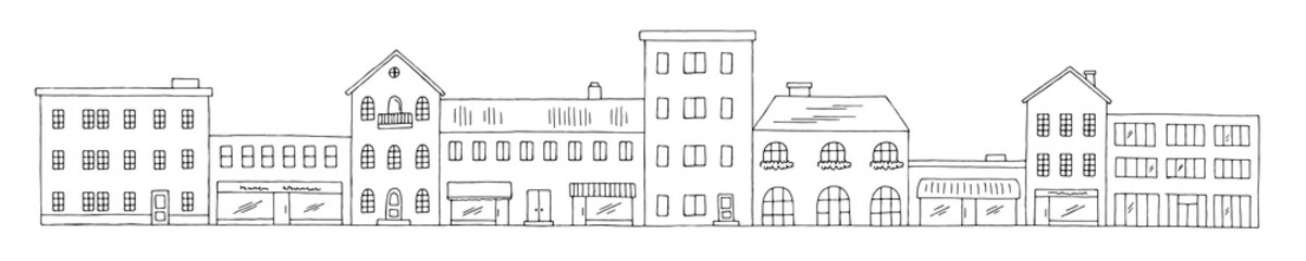 Town street graphic black white long city building landscape sketch illustration vector  © aluna1