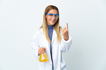 Young scientific woman isolated on white background doing coming gesture