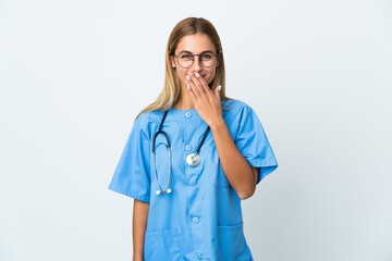 Surgeon doctor woman over isolated white background happy and smiling covering mouth with hand