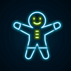 Glowing neon line Holiday gingerbread man cookie icon isolated on black background. Cookie in shape of man with icing. Colorful outline concept. Vector