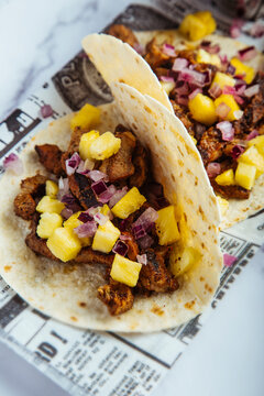 Traditional Mexican food: tacos al pastor. vertical picture