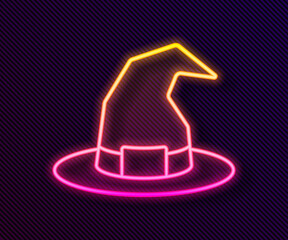 Glowing neon line Witch hat icon isolated on black background. Happy Halloween party. Vector