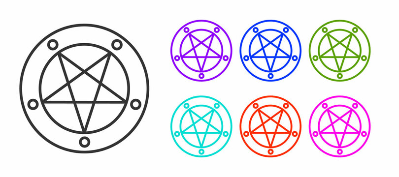 Black line Pentagram in a circle icon isolated on white background. Magic occult star symbol. Set icons colorful. Vector