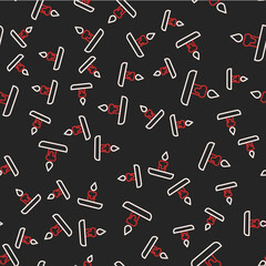 Line Burning candle in candlestick icon isolated seamless pattern on black background. Cylindrical candle stick with burning flame. Vector
