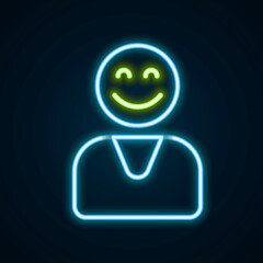 Glowing neon line Happy customer icon isolated on black background. Colorful outline concept. Vector