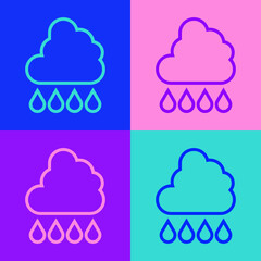Pop art line Cloud with rain icon isolated on color background. Rain cloud precipitation with rain drops. Vector
