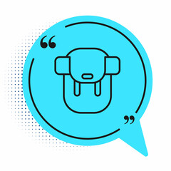 Black line Hiking backpack icon isolated on white background. Camping and mountain exploring backpack. Blue speech bubble symbol. Vector