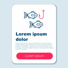 Line Fishing hook under water with fish icon isolated on grey background. Fishing tackle. Colorful outline concept. Vector