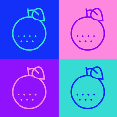 Pop art line Orange fruit icon isolated on color background. Vector